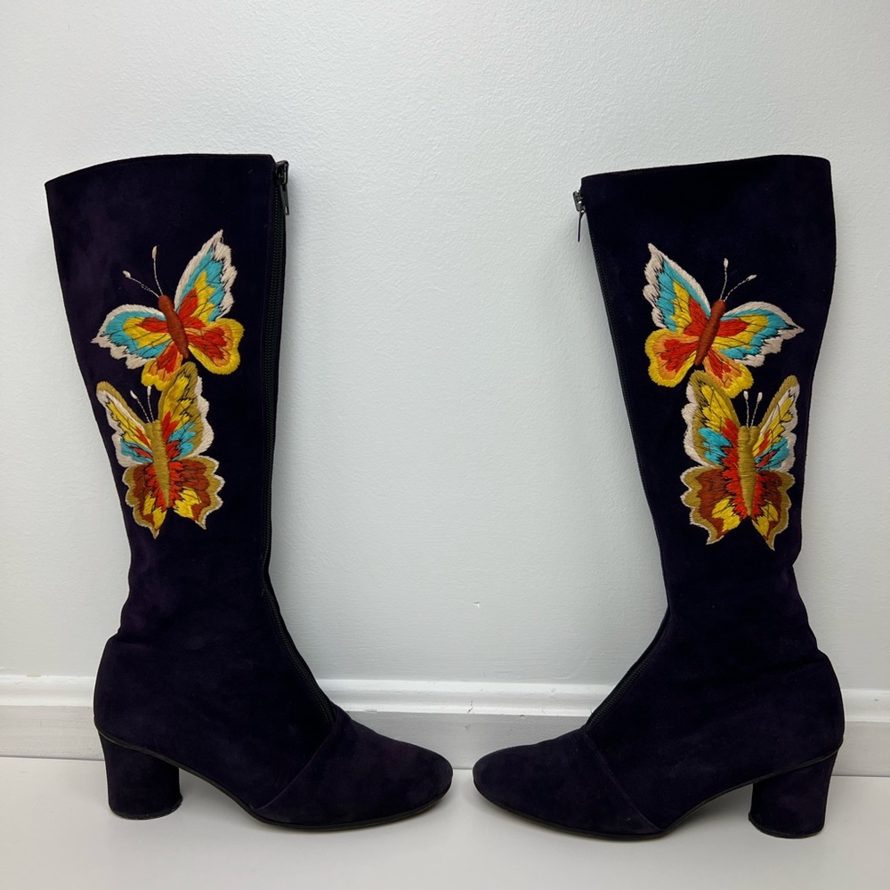 JERRY EDOUARD Vintage Purple Suede Butterfly Embroidered Zip GoGo Boots Sz 5.5